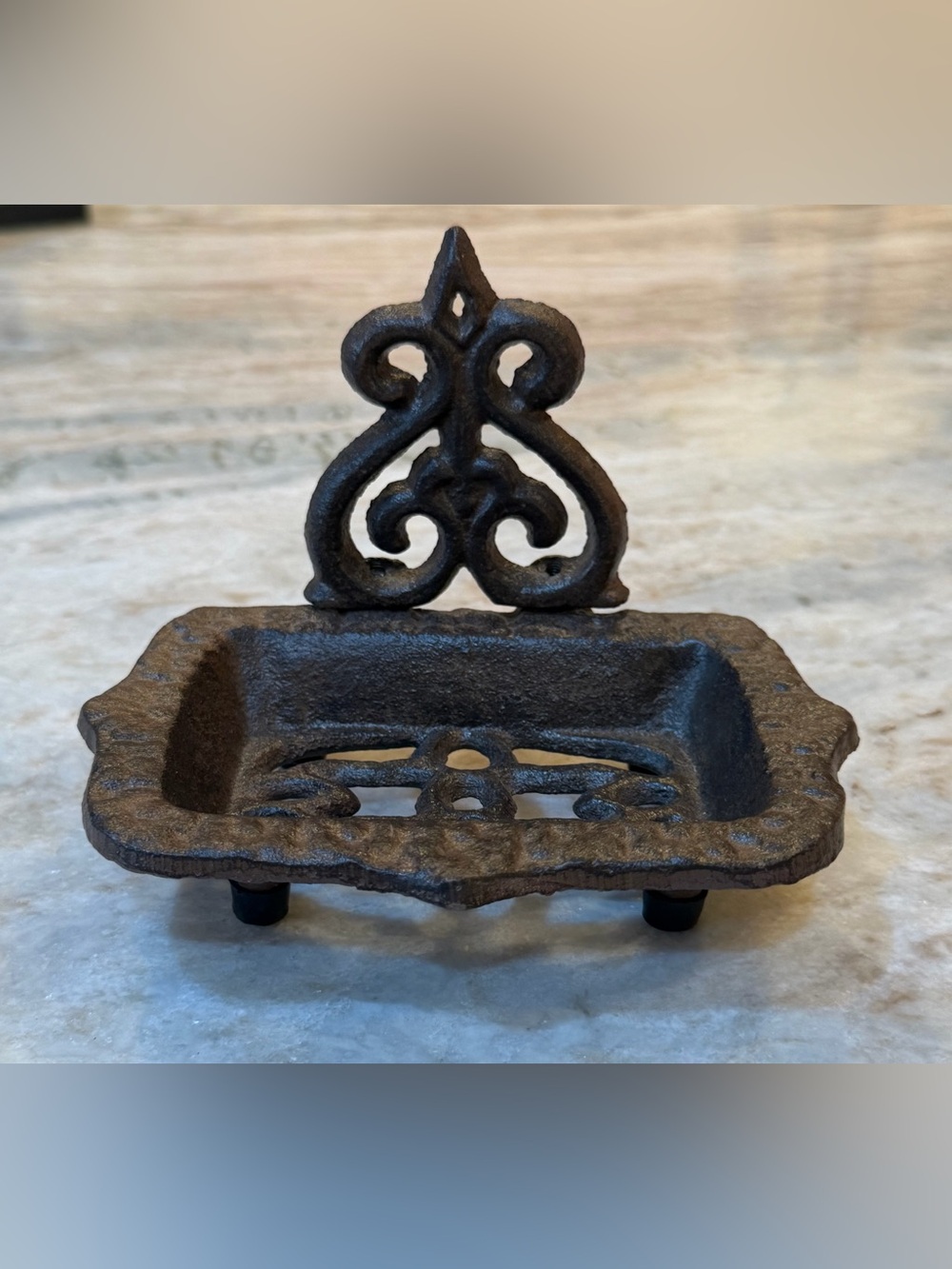 Vintage-Inspired Cast Iron Soap Dish with Ornate Back